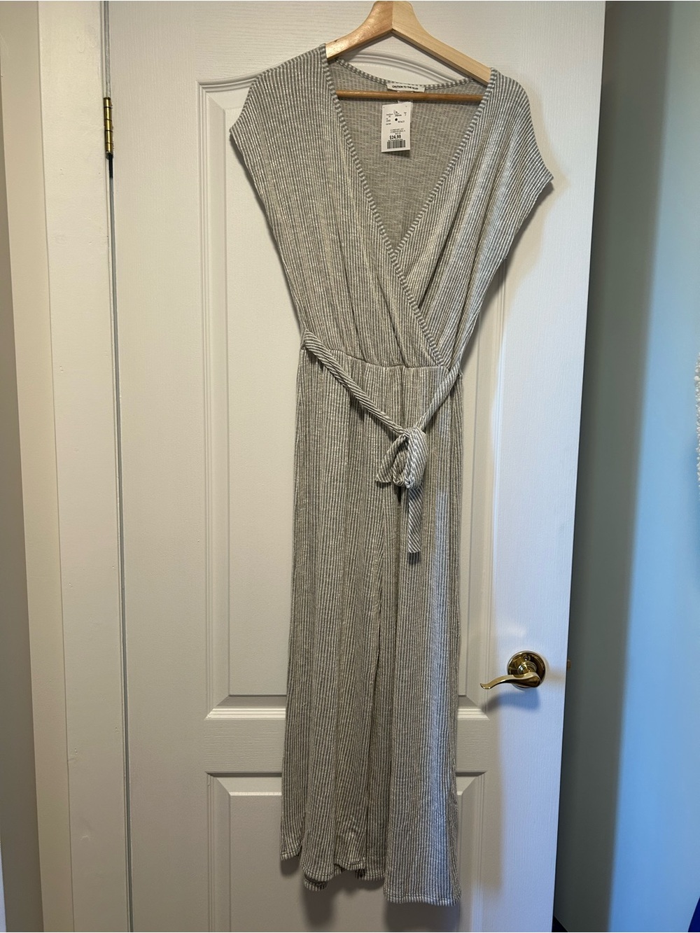Caution To The Wind Ribbed Wrap Jumpsuit in Light Gray